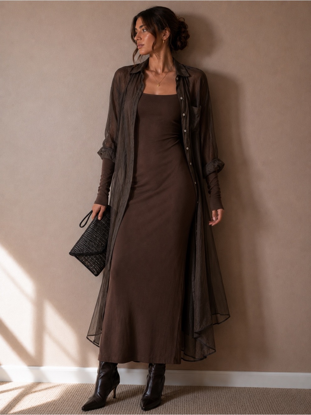 Quince Brown Ribbed dress & Brown Sheer Long Button-Down Zara 3 piece Large/XL